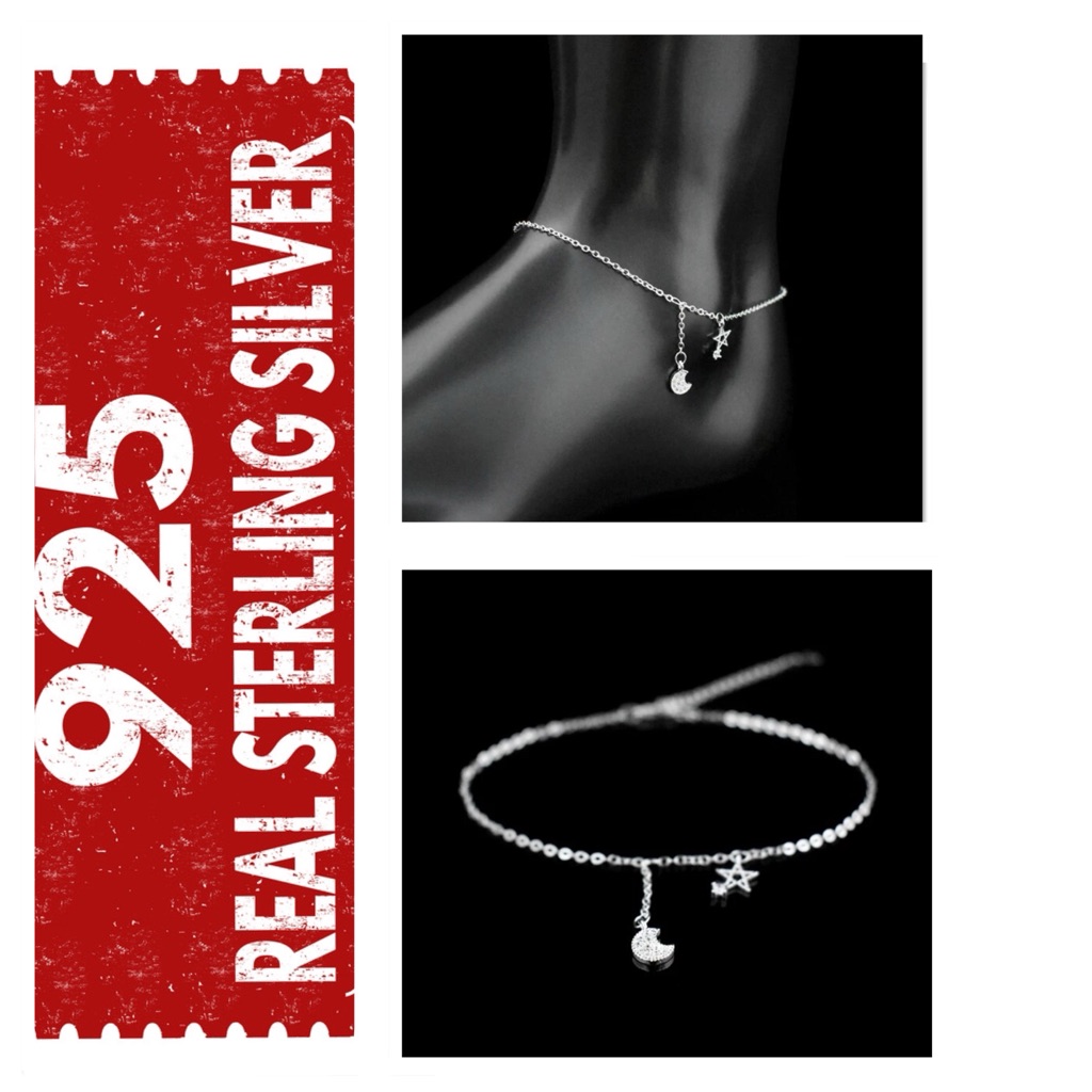 925 Sterling Silver Moon Star Diamond Anklet 35$
